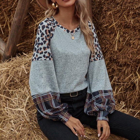 Tops - leopard print color block plaid grey top boho